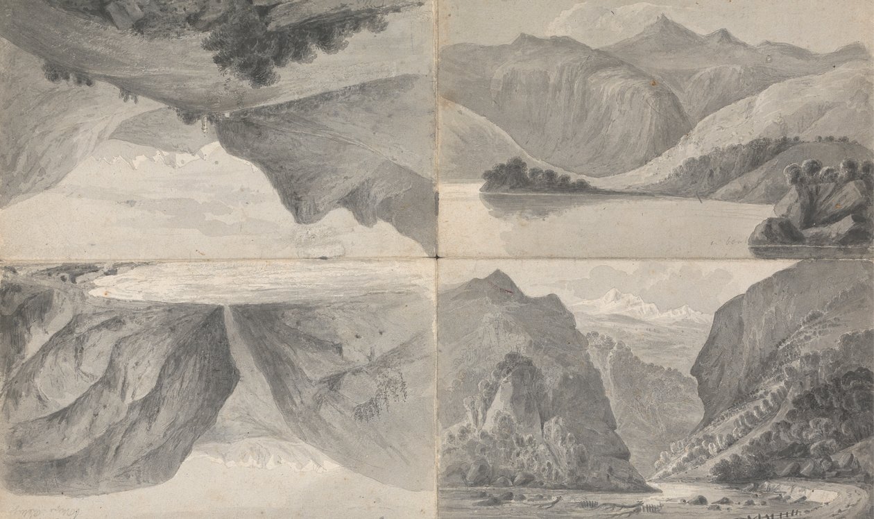 1) (ll) Meer bij Davos, 2) (lr) Ingang van de Pas naar Segnes, 3) (ur) Wiesen door Isaac Weld