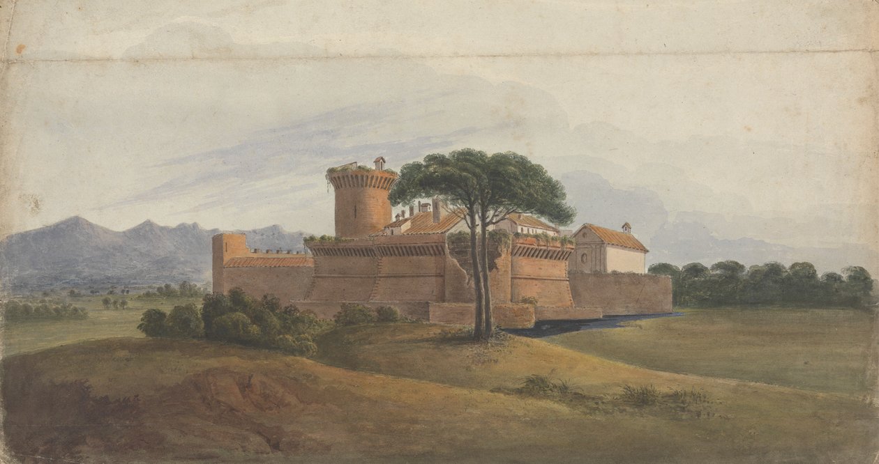 Kasteel van Ostia met bergen in de verte door Isaac Weld
