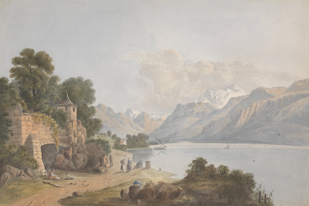 Bergachtig landschap met meer, poort en figuren door Isaac Weld