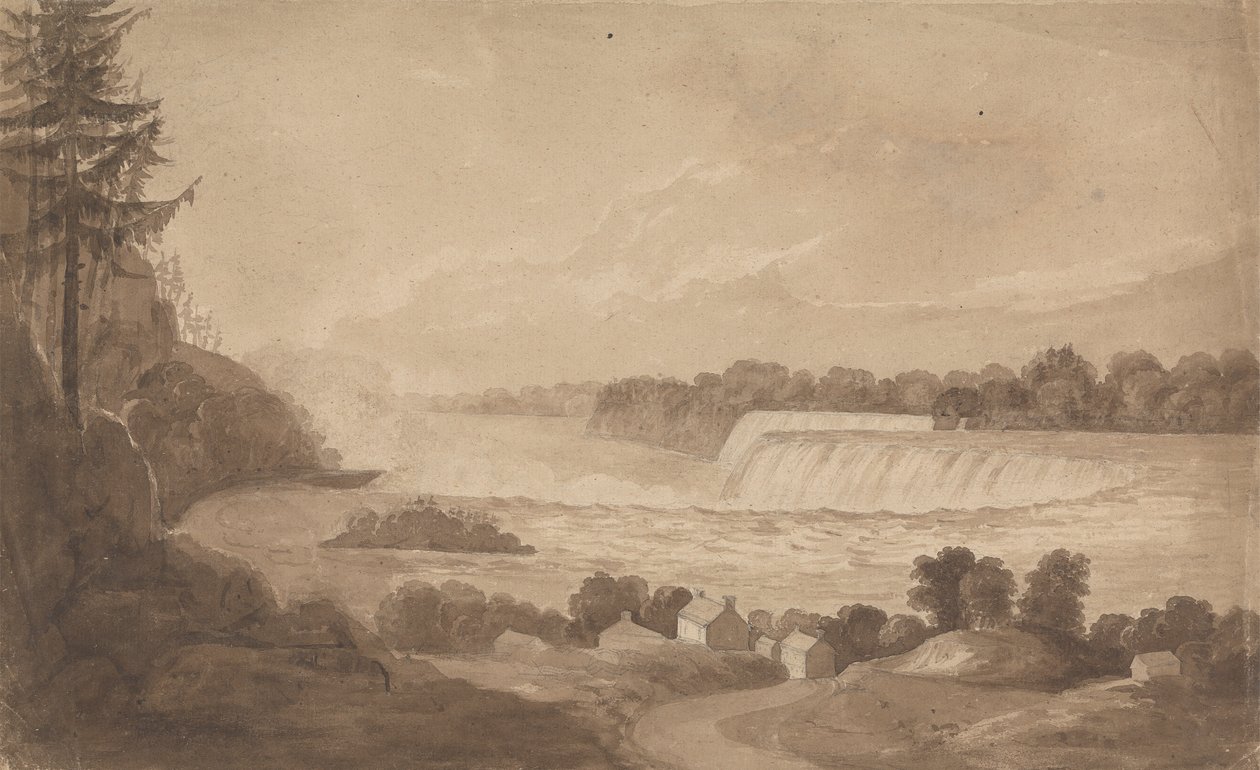 Uitzicht op de Niagara-watervallen met de watervallen op de achtergrond, rechts, en landschap met huizen op de voorgrond door Isaac Weld