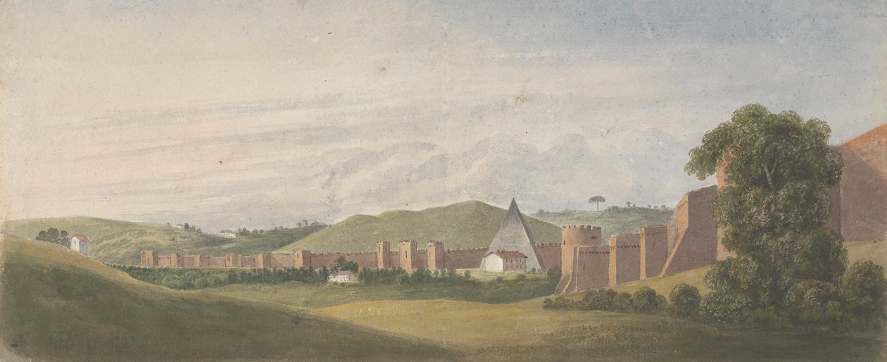 Muren van Rome: De Aureliaanse muur, met de piramide van Cestius door Isaac Weld