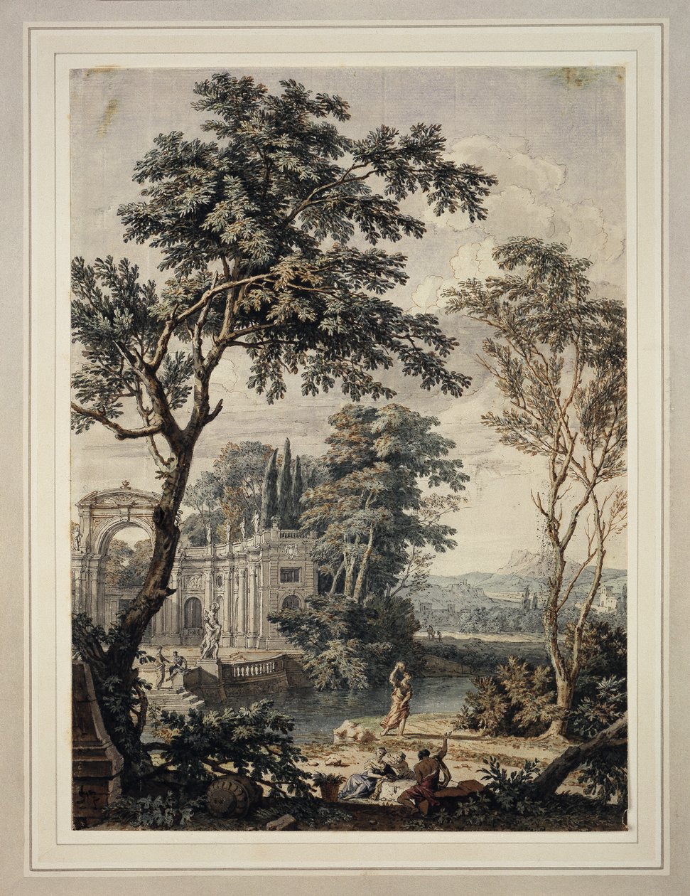 Arcadisch landschap met paleisarchitectuur door Isaac de Moucheron