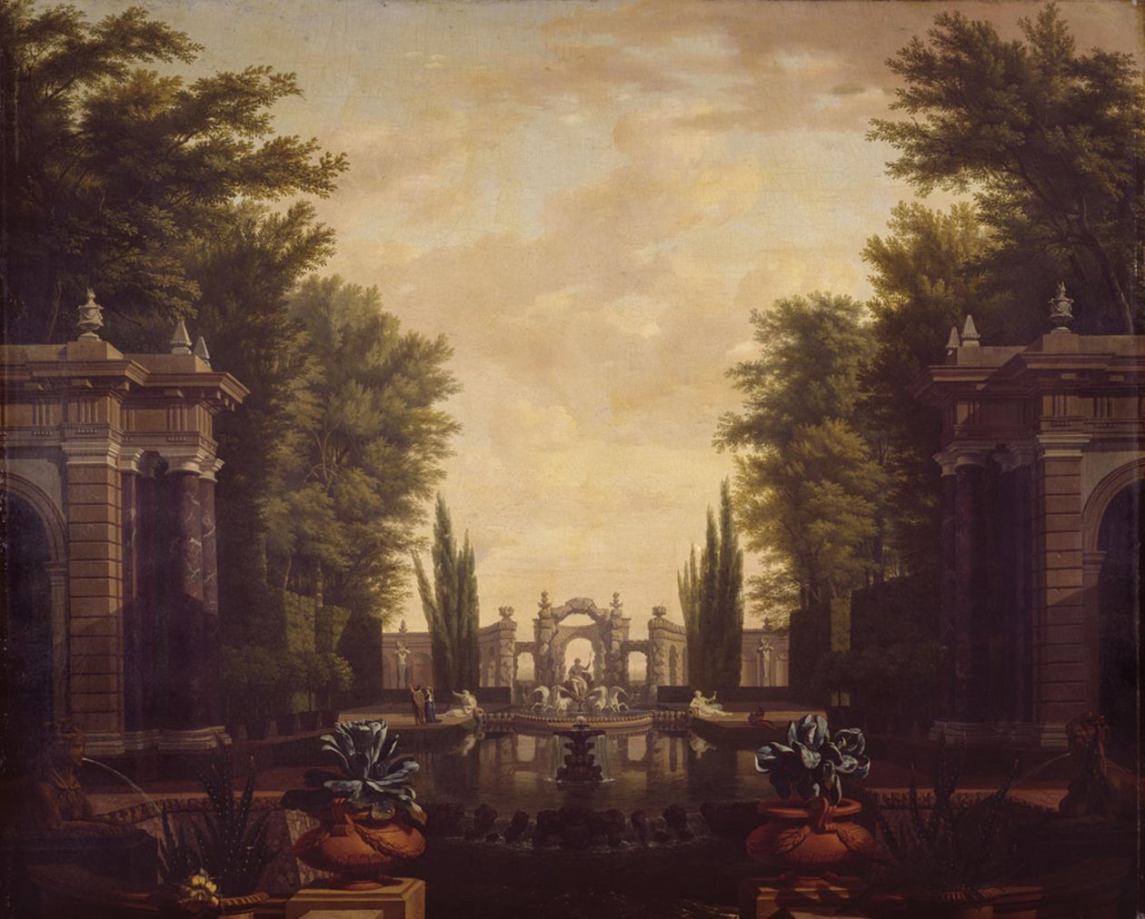 Waterpartij met beelden en gebouwen in een park door Isaac de Moucheron