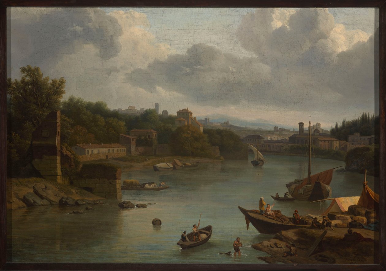 Gezicht op de Tiber vanuit het zuiden - Ripa Grande door Isaac de Moucheron