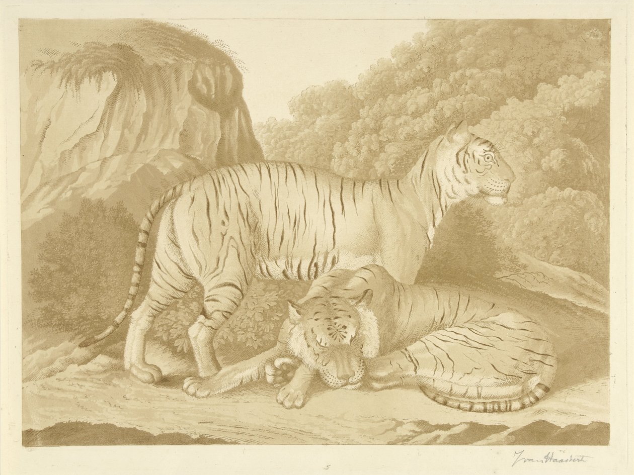 Twee tijgers in een landschap door Isaac van Haastert (signed by artist)