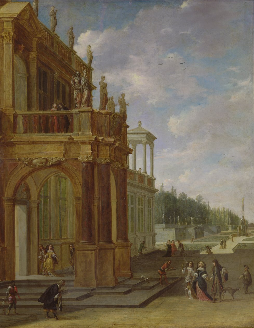 Mensen op het terras van een paleis door Isaac van Nickele