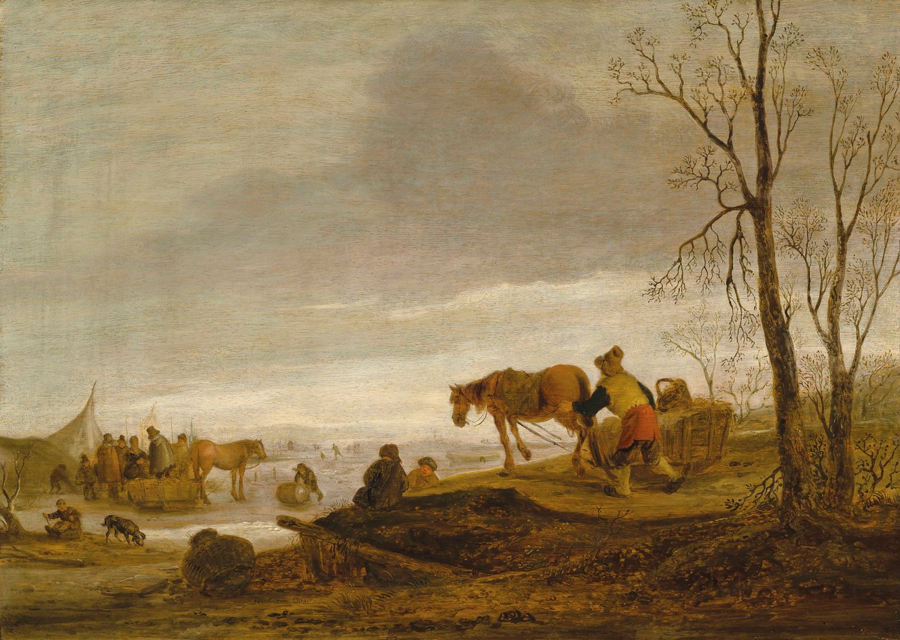 Een winterlandschap met figuren op een bevroren rivier door Isaac van Ostade