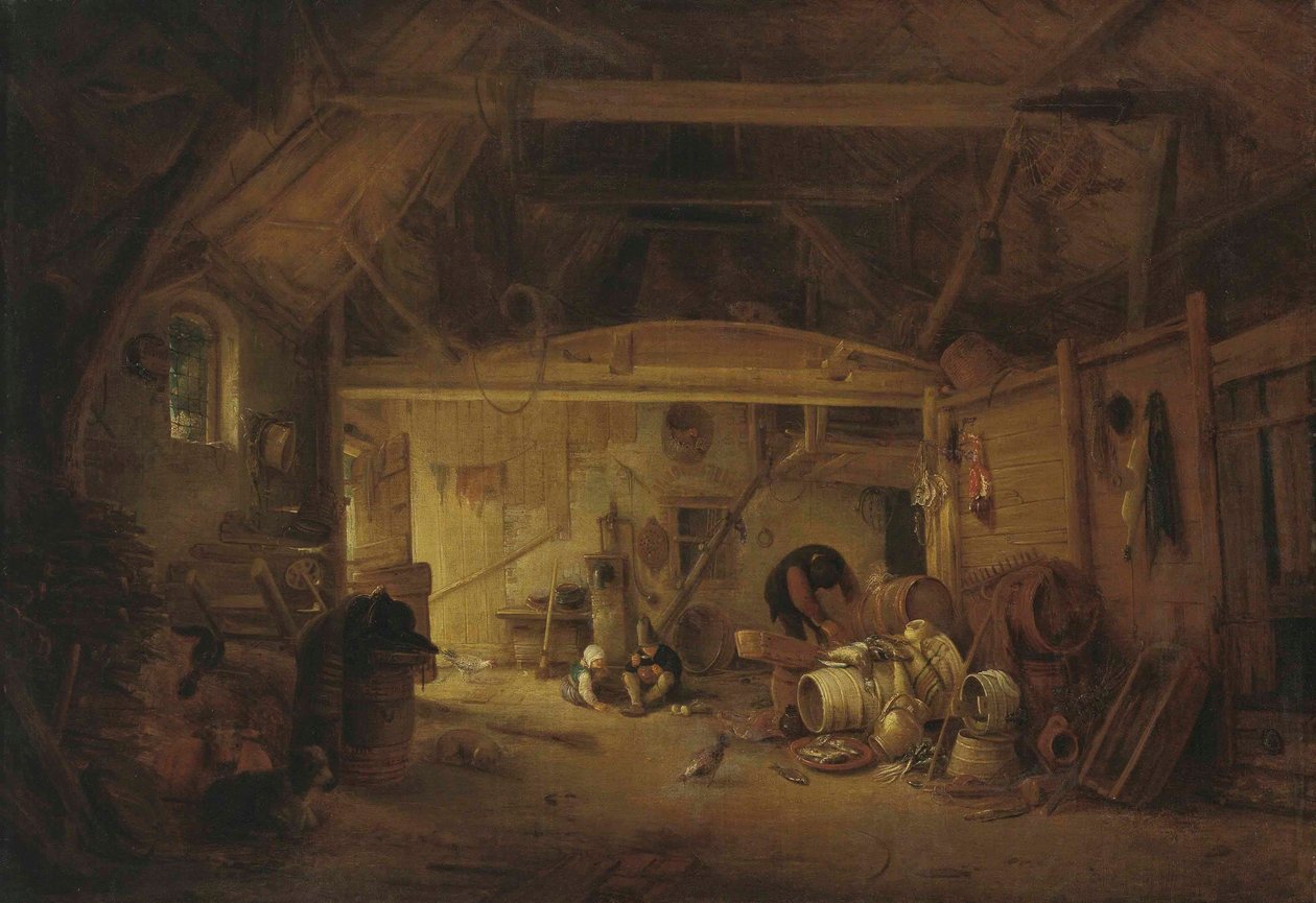 Duits: Scheuneninterieur Een interieur van een schuur met twee etende kinderen en een werkende man door Isaac van Ostade
