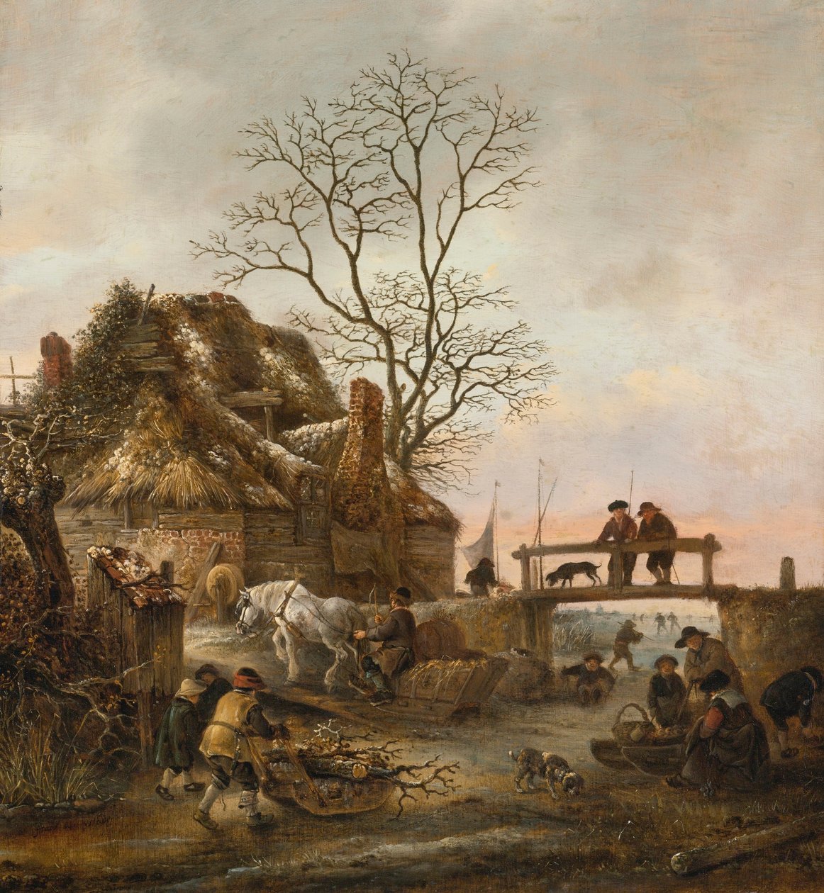 Winterlandschap met een huisje bij een brug door Isaac van Ostade