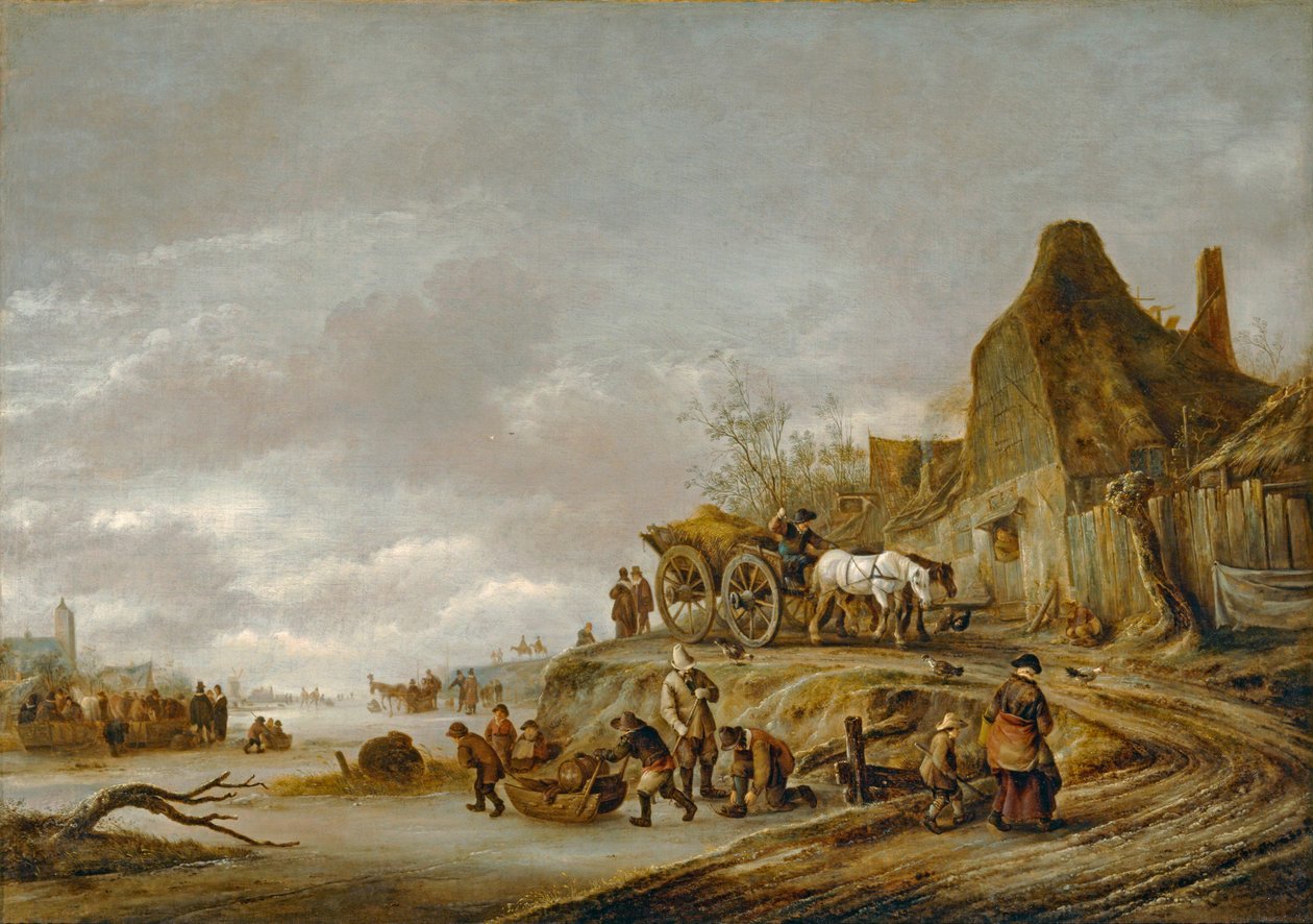Gracht gele met kar die een pad afloopt ... door Isaack Jansz van Ostade