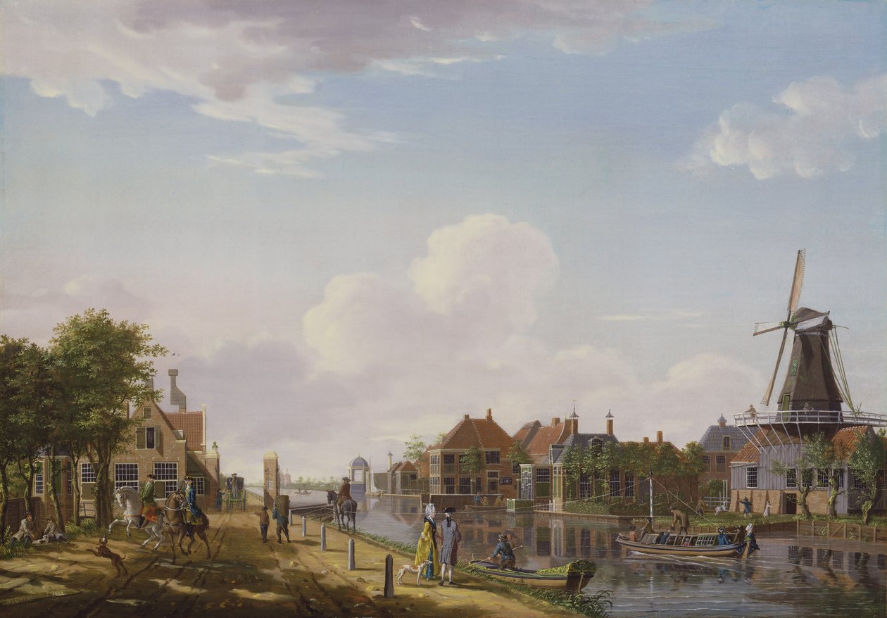 Nederlandse kanaalscène met elegante figuren en een molen, 1777 door Isaac Ouwater