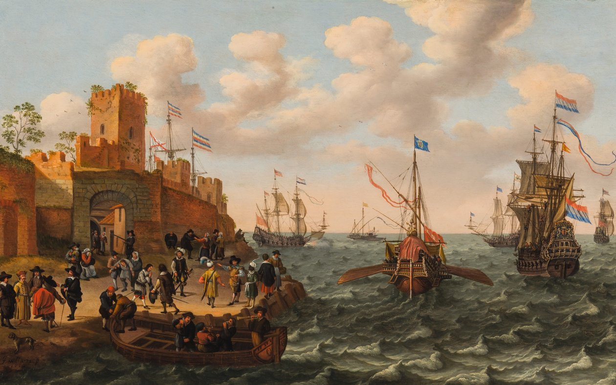 Een Nederlandse driemaster en een pauselijke galei met andere schepen langs de kust van een versterkte stad, ca. 1662 door Isaak Willaerts