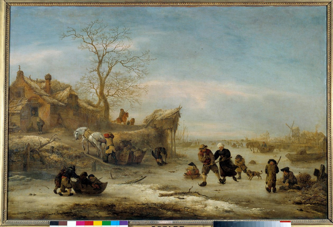 Kanaal met paar schaatsers. Schilderij door Isaak Van Ostade. 17e eeuw door Isack van Ostade