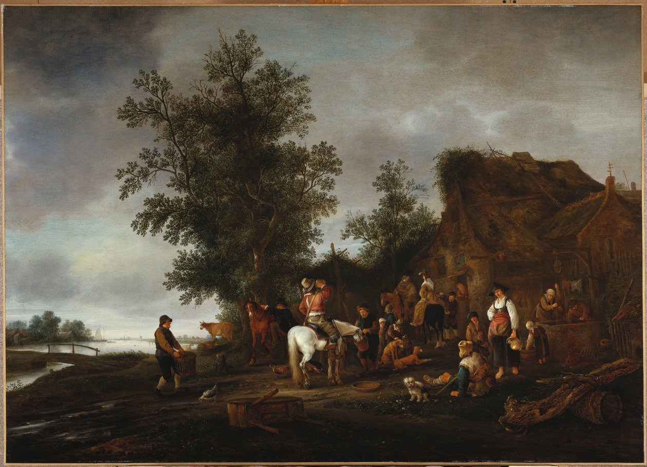 Reizigers verfrissen zich bij een taveerne aan de rivier, 1664 door Isack van Ostade