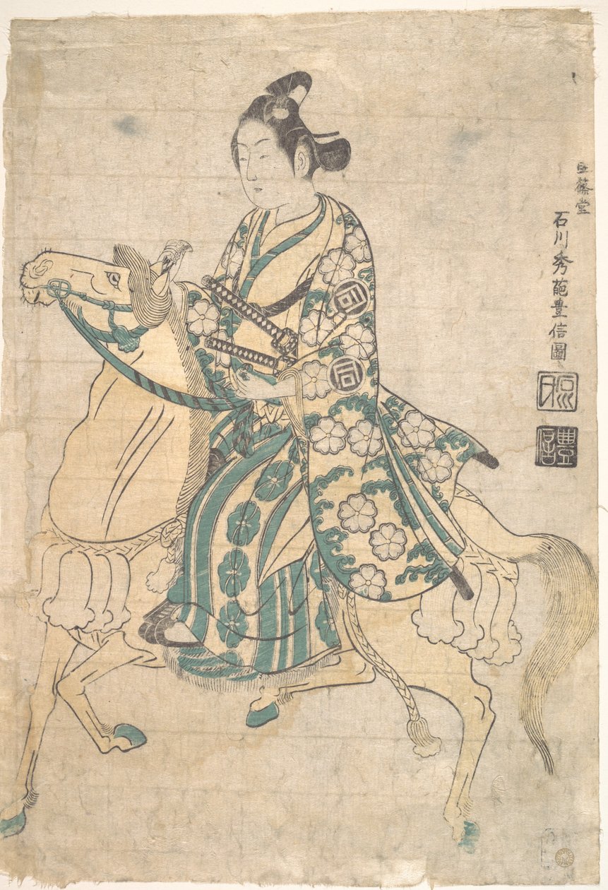 Acteur Sanokawa Ichimatsu als jonge samoerai te paard door Ishikawa Toyonobu