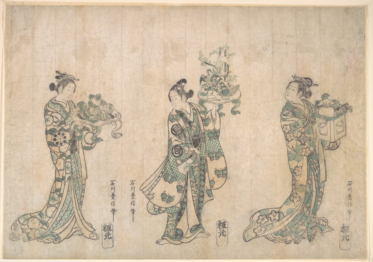 Drie acteurs door Ishikawa Toyonobu