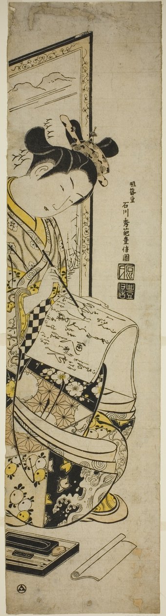 Vrouw die een brief schrijft voor een scherm door Ishikawa Toyonobu