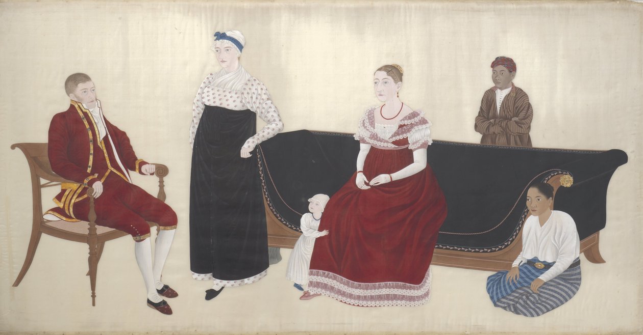 Portret van de familie Cock Blomhoff, hun voedster en twee tot slaaf gemaakte bedienden door Ishizaki Yushi (attributed to)