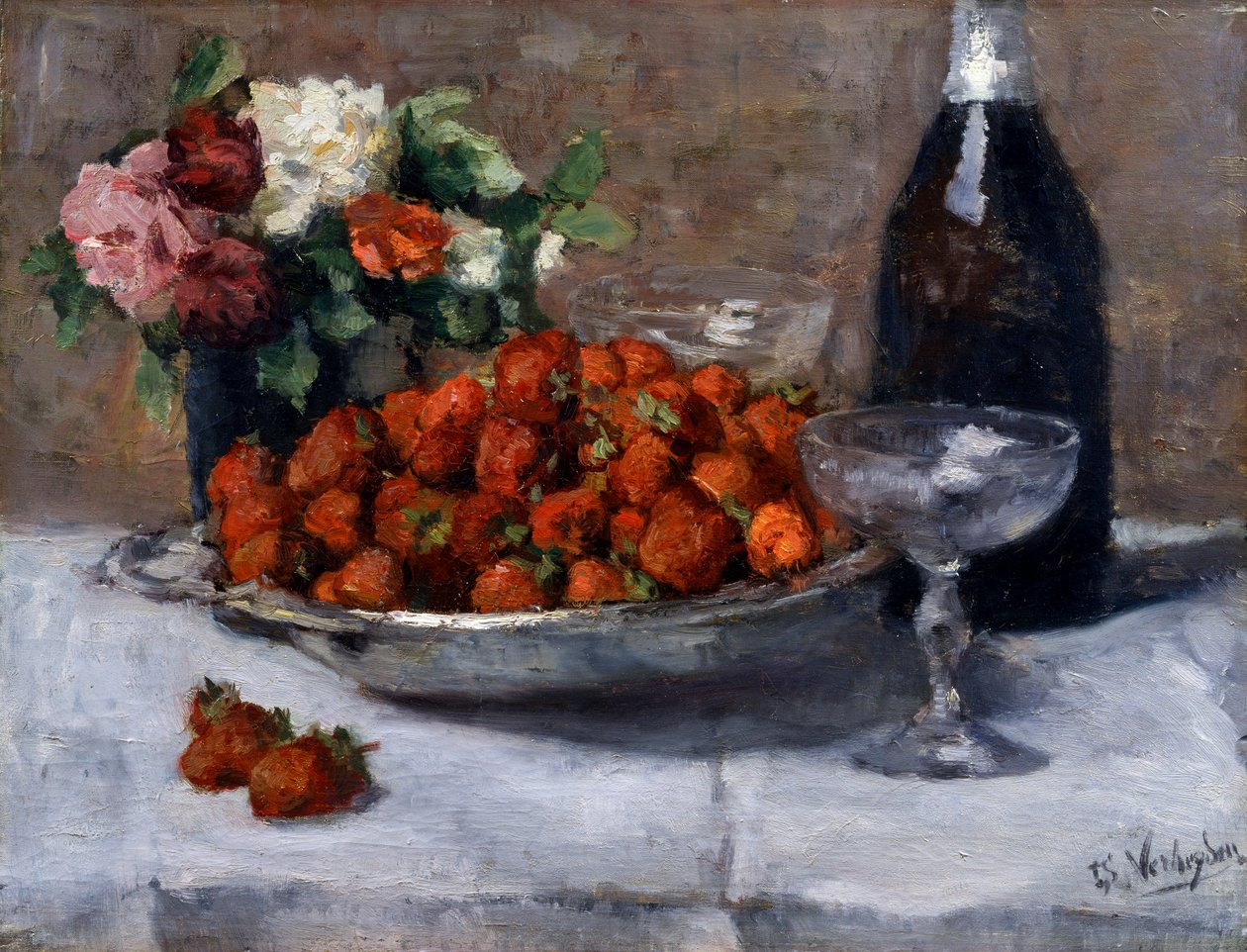 "Stilleven met champagne en aardbeien" Schilderij van Isidore Verheyden (1846-1905) door Isidor Verheyden