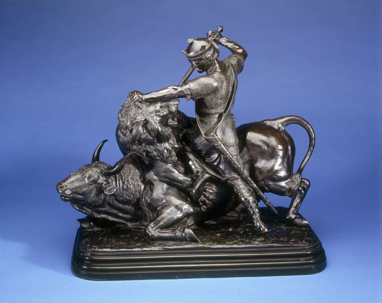 Een Koning die een leeuw doodt die een stier aanvalt, ca. 1874 door Isidore Jules Bonheur