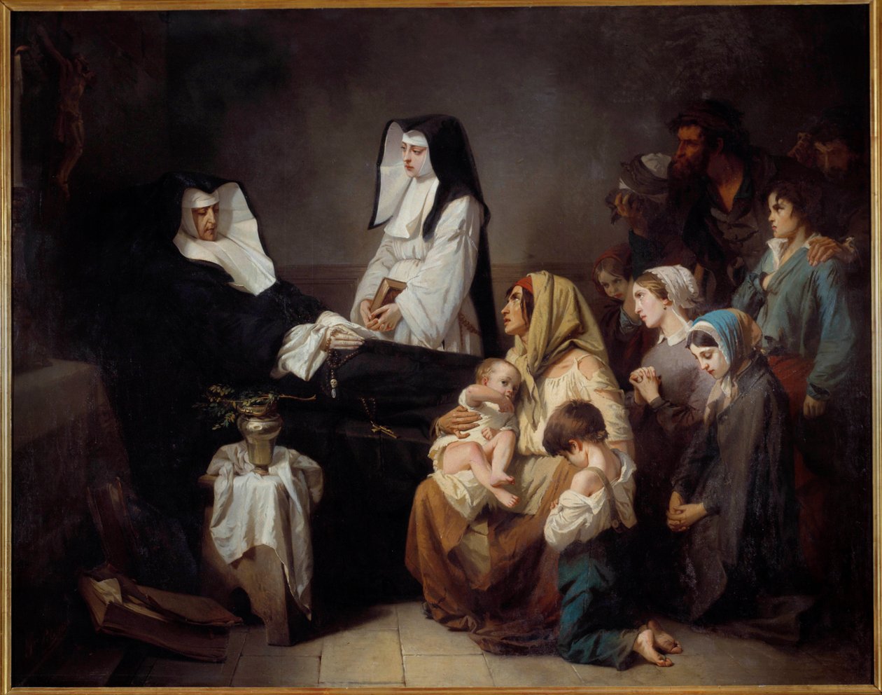 Dood van een liefdeszuster. Arme families verzamelen zich bij het lichaam van de non door Isidore Pils