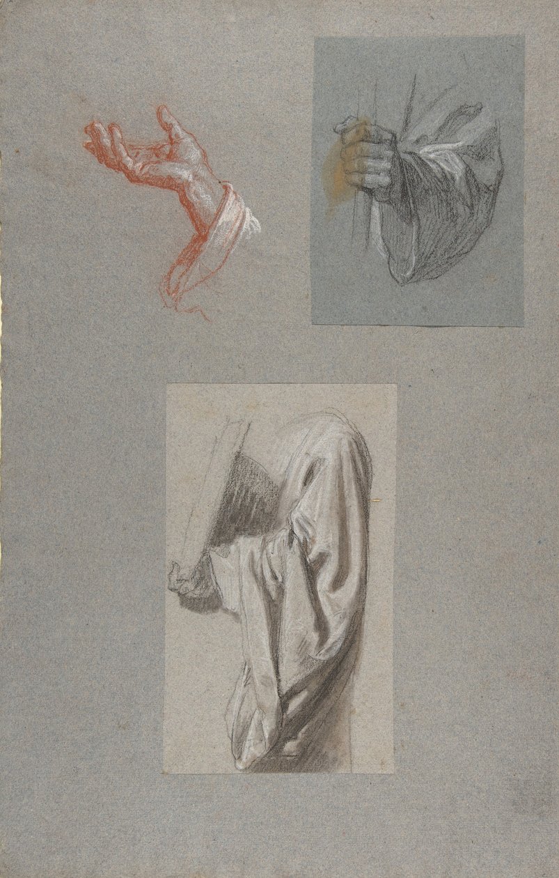 a. Hand van Sint Remi, b. Hand van Sint Remi, c. Draperiestudie voor acoliet met boek door Isidore Pils