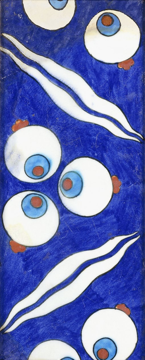 Een Iznik aardewerk randtegel, met gedurfde cintamani drievoudige rondellen en gepaarde golven, c. 1570 door Islamic School