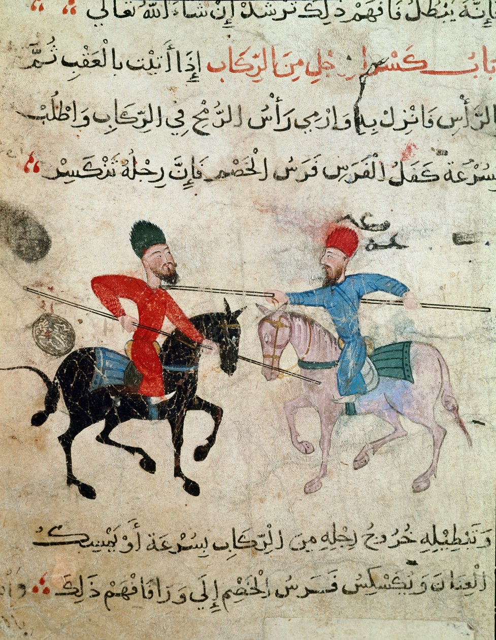 Islamitische kunst: tekening op perkament uit de Fatimidische periode (10e-11e eeuw) - Duel tussen twee ruiters door Islamic School