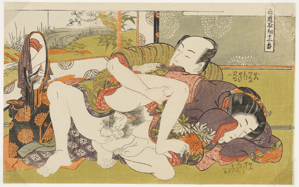 Voor de spiegel, nr. 4 uit Twaalf ontmoetingen op de weg van de liefde (Shikidō torikumi jūniban) door Isoda Koryusai