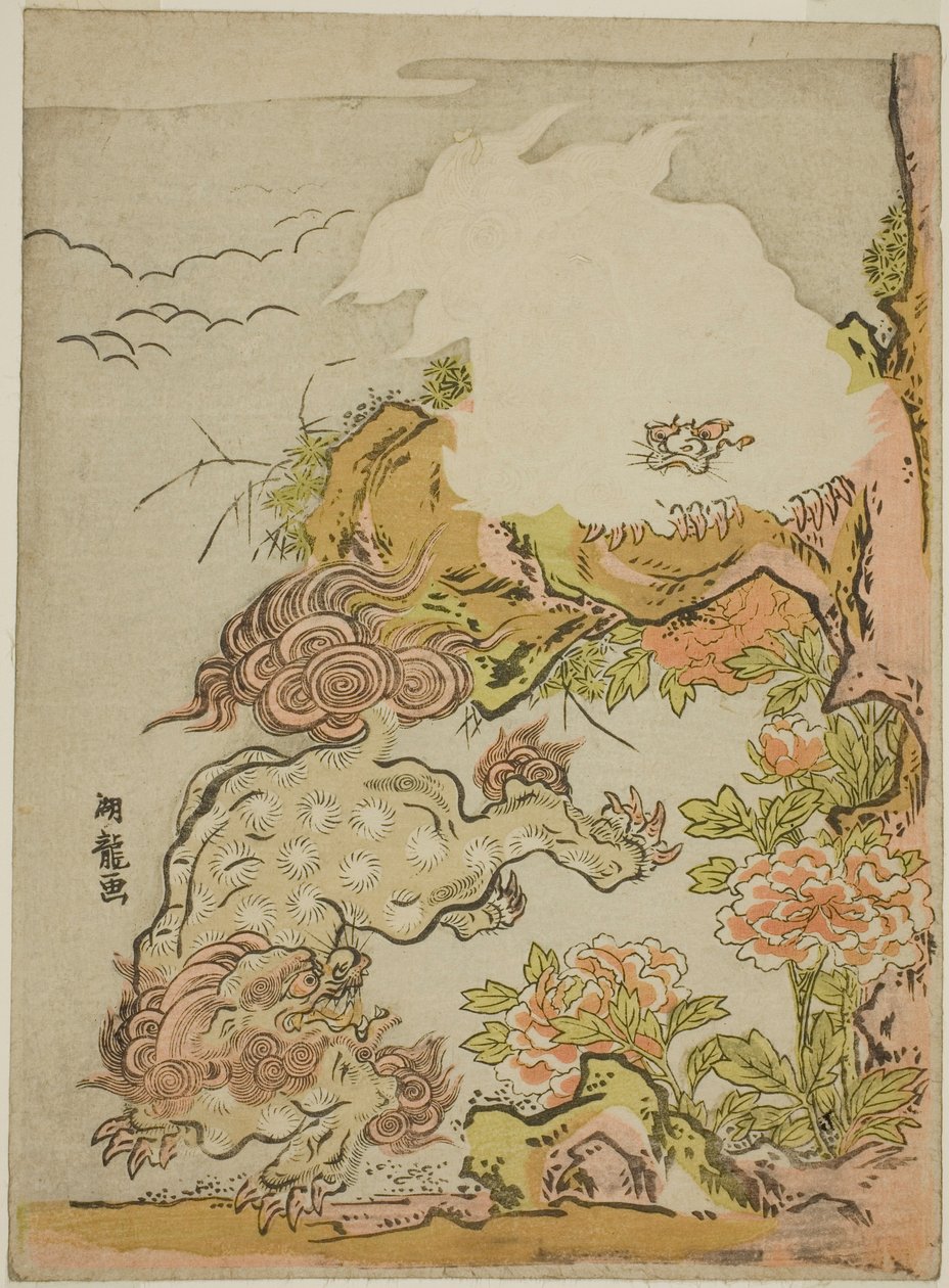 Chinese leeuwen en pioenen door Isoda Koryusai