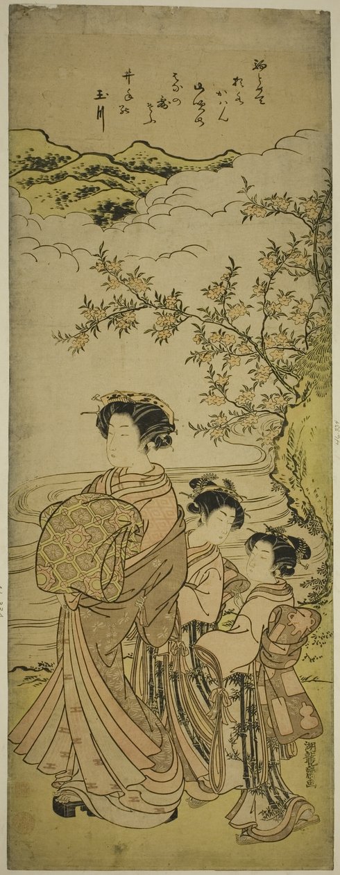 Courtisane en twee bedienden paraderen langs een stroom door Isoda Koryusai