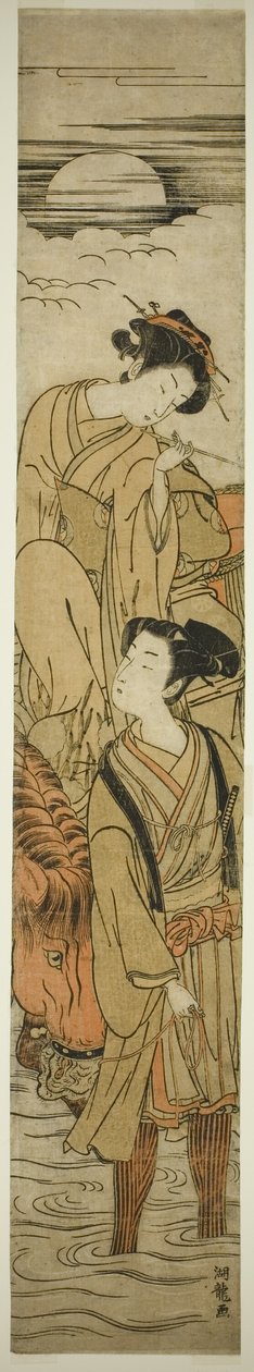 Een rivier oversteken op een maanverlichte nacht door Isoda Koryusai