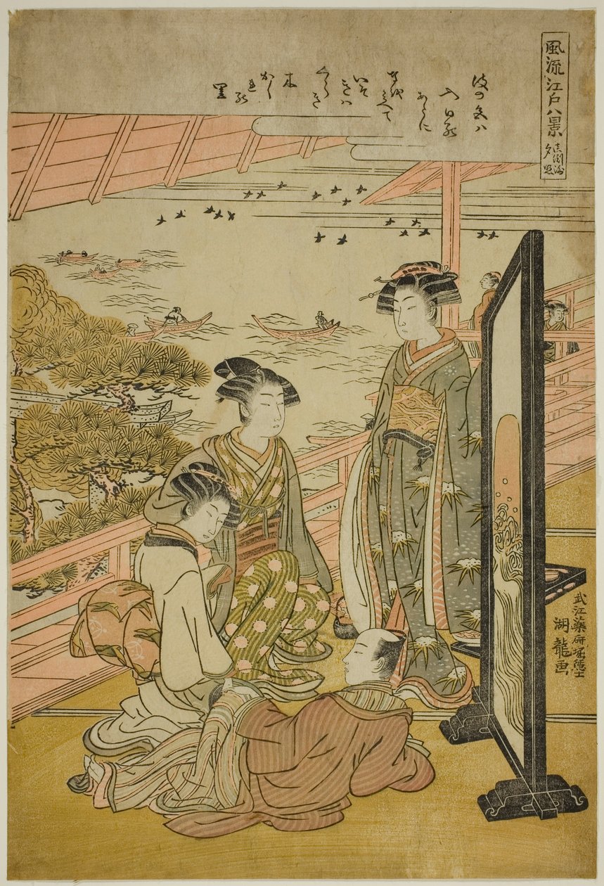 Avondgloed bij Matsusaki (Matsusaki no sekisho), uit de serie "Acht Modieuze Zichten van Edo (Furyu Edo hakkei)" door Isoda Koryusai