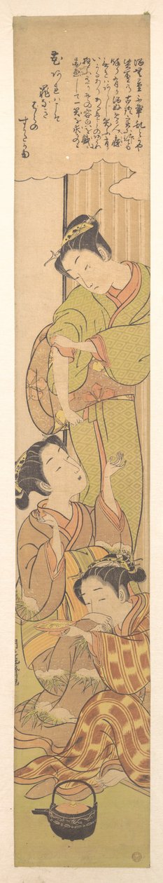 Drei Mädchen trinken Sake door Isoda Koryusai