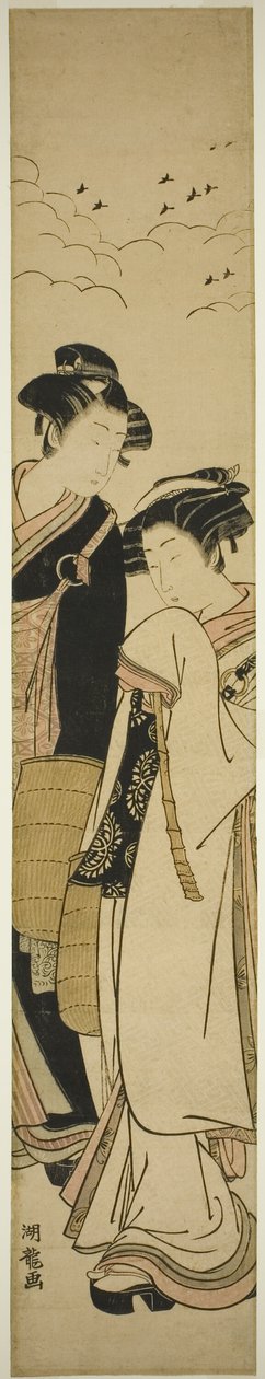 Jong stel verkleed als bedelmonniken (Genpachi en Komurasaki?) door Isoda Koryusai