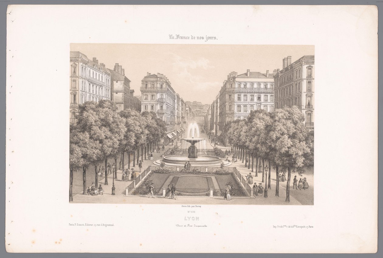 Zicht op de Place en de Rue Impériale te Lyon door Isodore Laurent Deroy