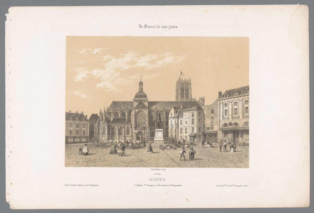 Zicht op de kerk Saint-Jacques en het standbeeld van Duquesne in Dieppe door Isodore Laurent Deroy
