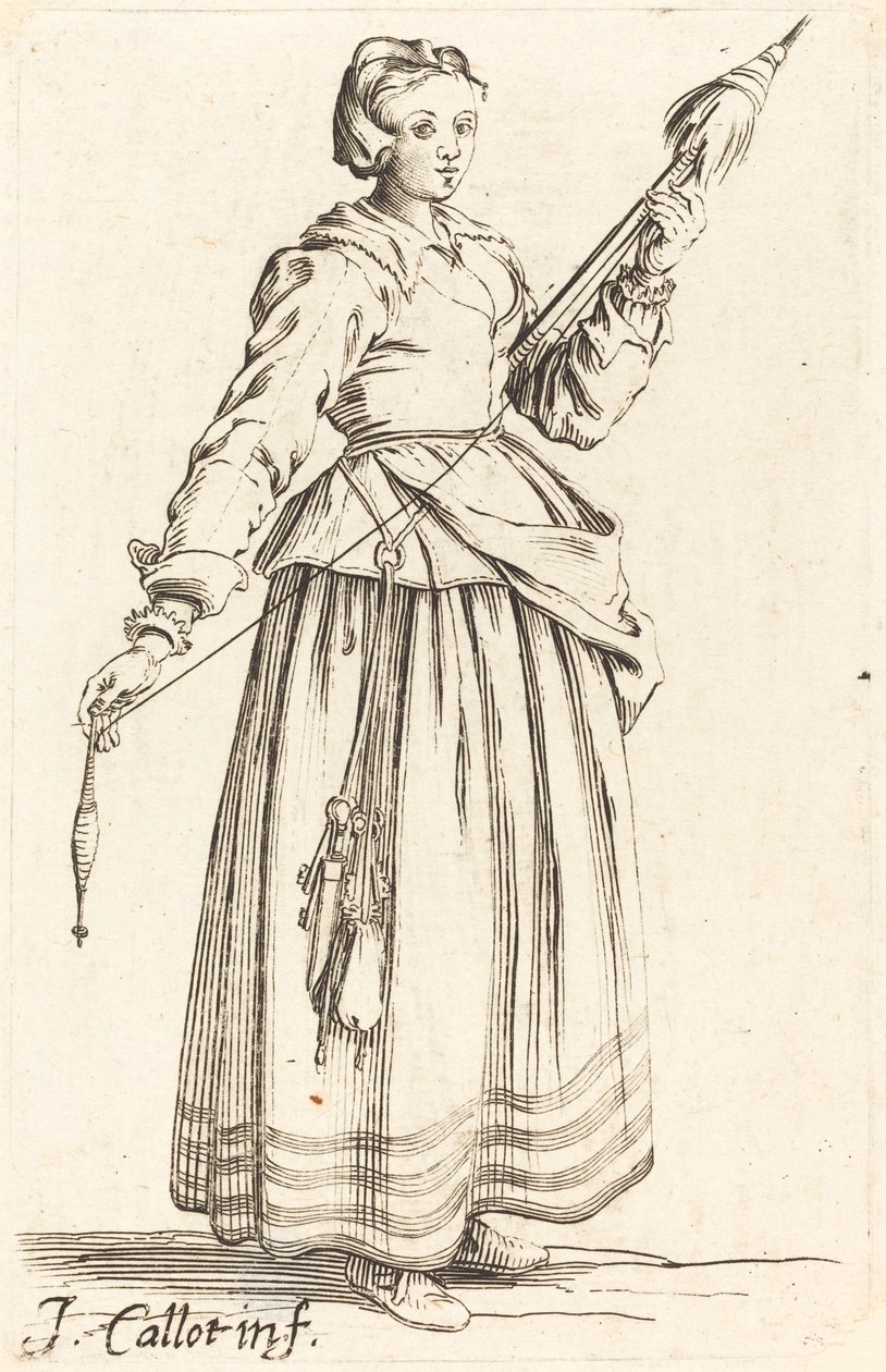Jonge vrouw met spinrokken, naar rechts gericht door Israel Henriet after Jacques Callot