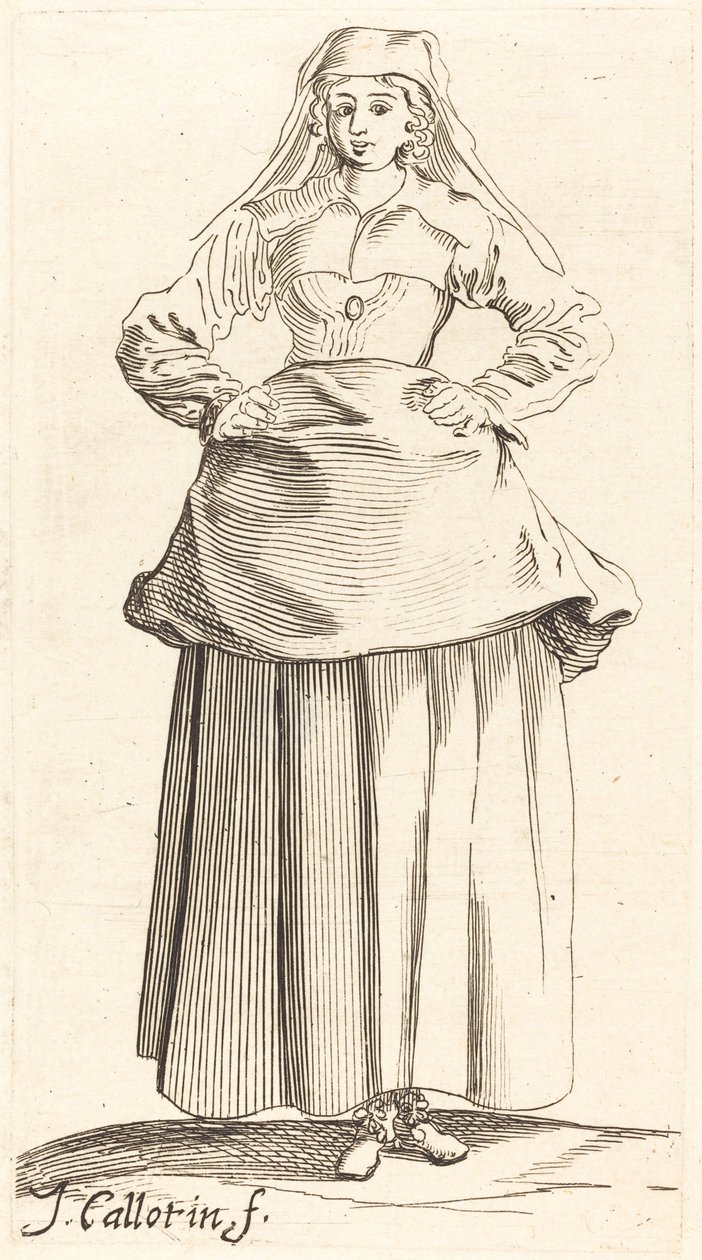 Jonge Vrouw met Handen op de Heupen, Vooraanzicht door Israel Henriet after Jacques Callot