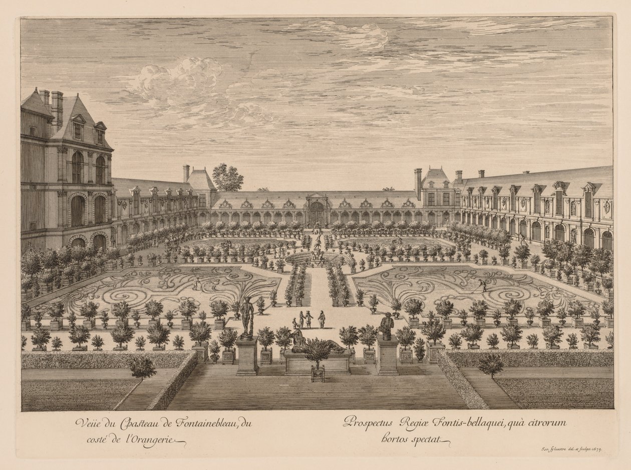 Uitzicht op het Kasteel van Fontainebleau, vanuit de Orangerie door Israël Silvestre