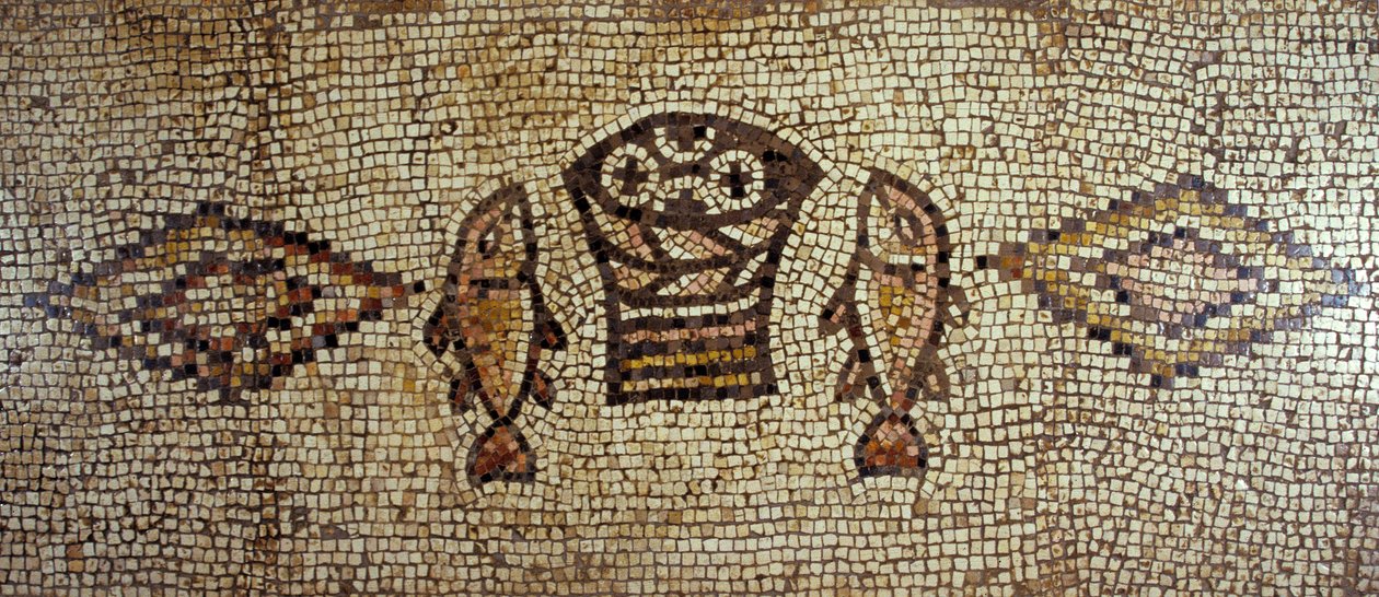 Byzantijns mozaïek met vissen en broden (keramische tegels) door Israeli School