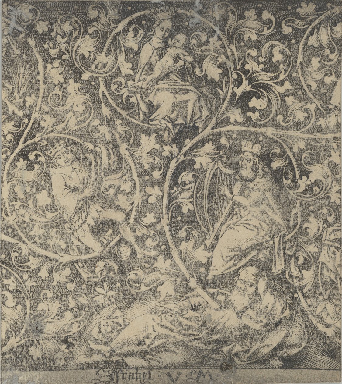 Ornamentale gravure met de boom van Jesse door Israhel van Meckenem