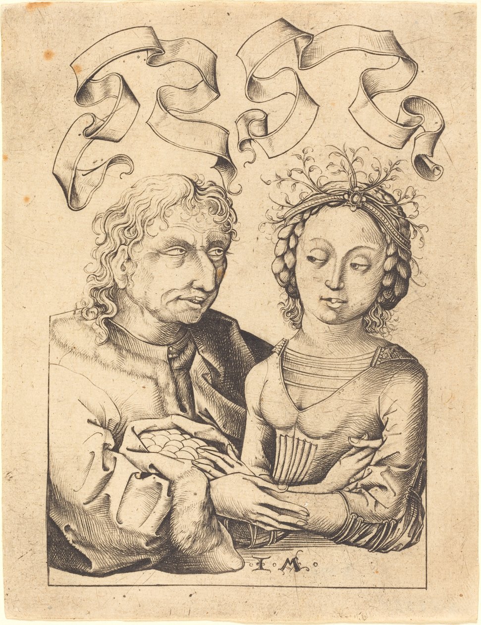 De dwaze oude man en het jonge meisje, ca. 1480-1490 door Israhel van Meckenem