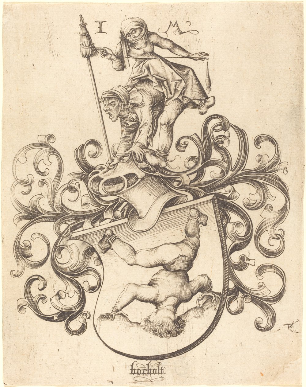 Wapenschild met tuimelende jongen door Israhel van Meckenem after Master of the Housebook