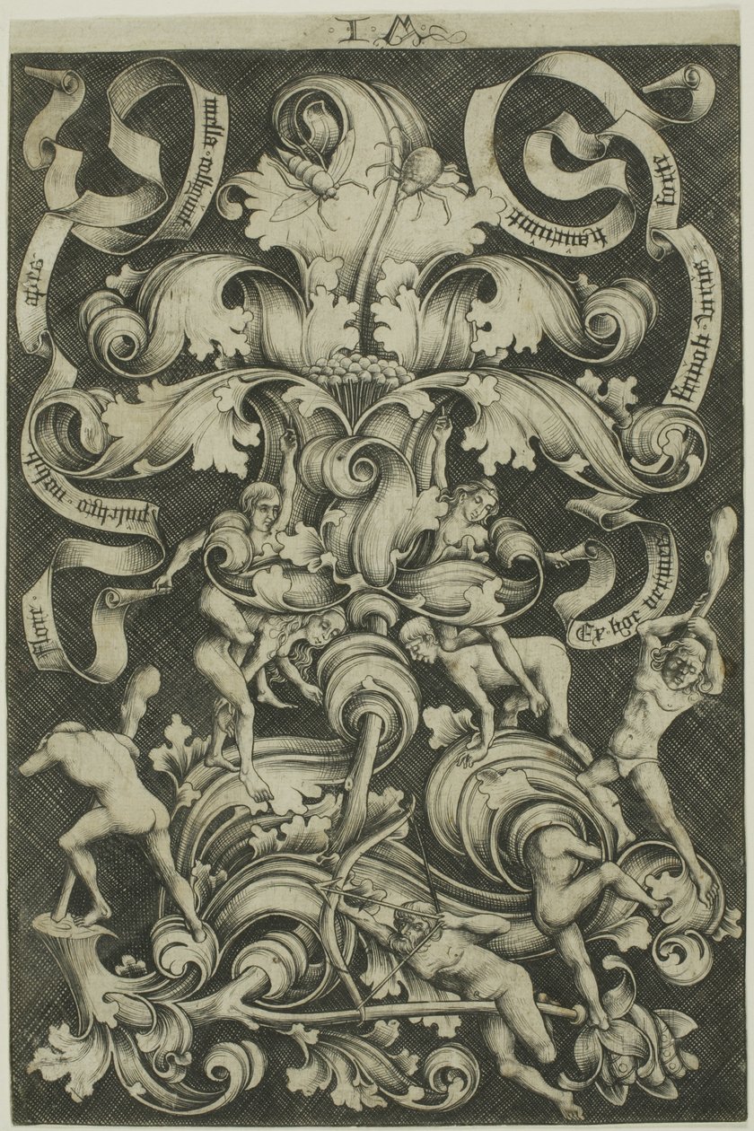 Ornament met bloem en acht wilde mensen door Israhel van Meckenem the younger