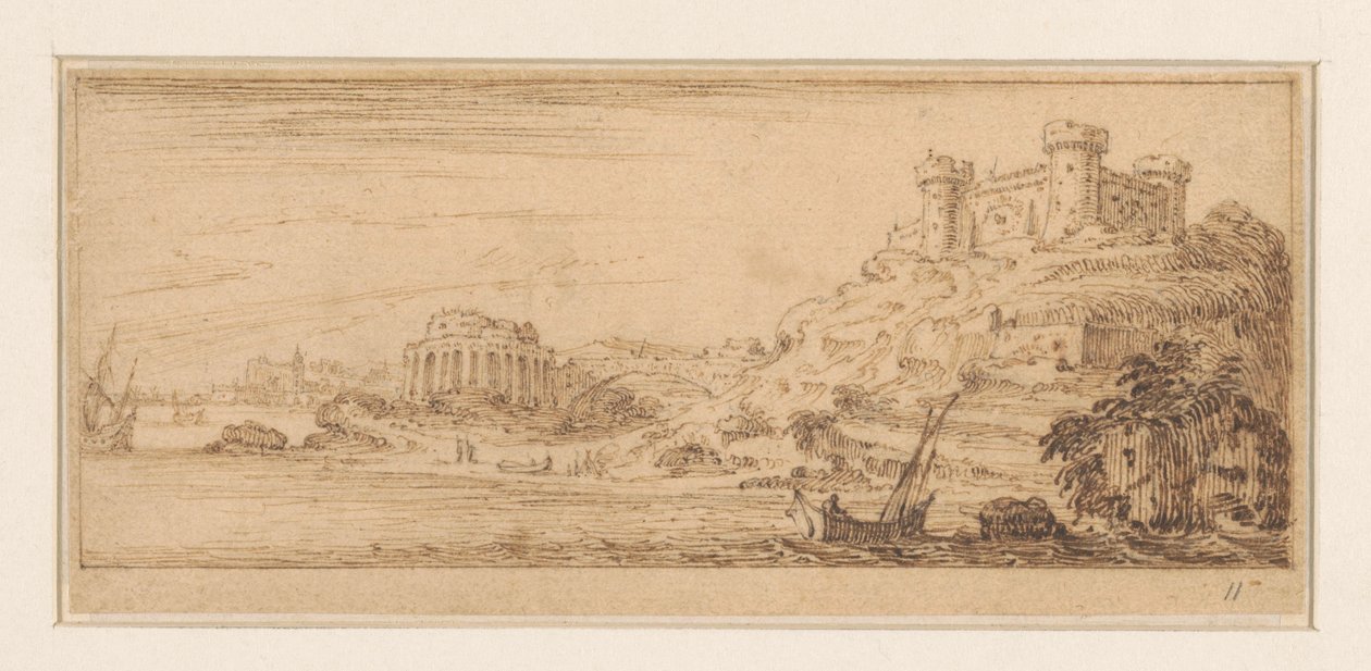 Kustgezicht met rechts een schipper in een zeilschip (Ontwerpen voor een prentreeks met kustlandschappen) door Israël Silvestre