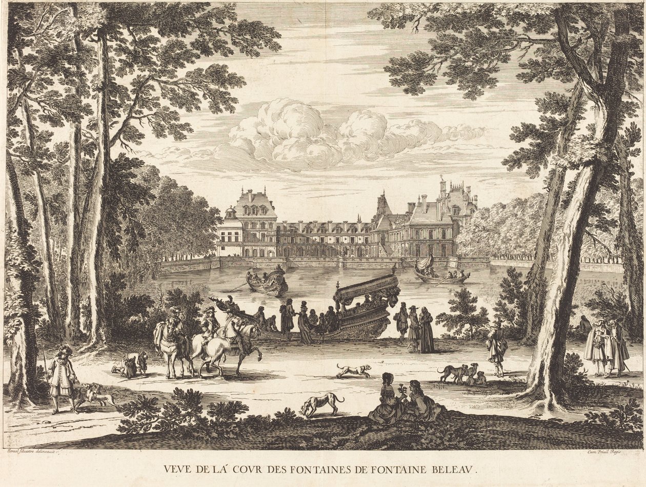 Uitzicht op de Fonteinenhof van Fontainebleau door Israël Silvestre