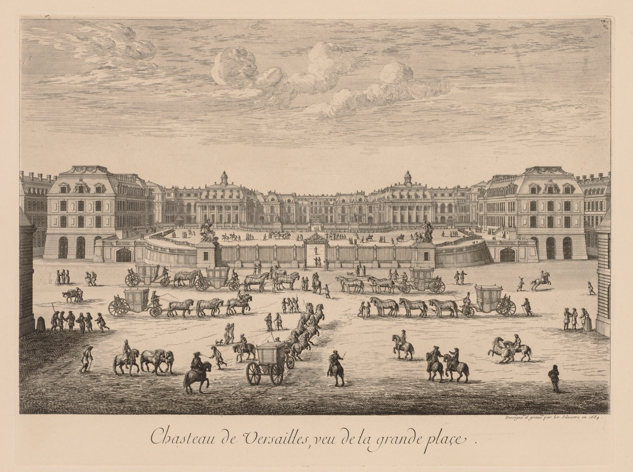 Uitzicht op het Kasteel van Versailles, gezien vanaf de Grote Plaats door Israël Silvestre