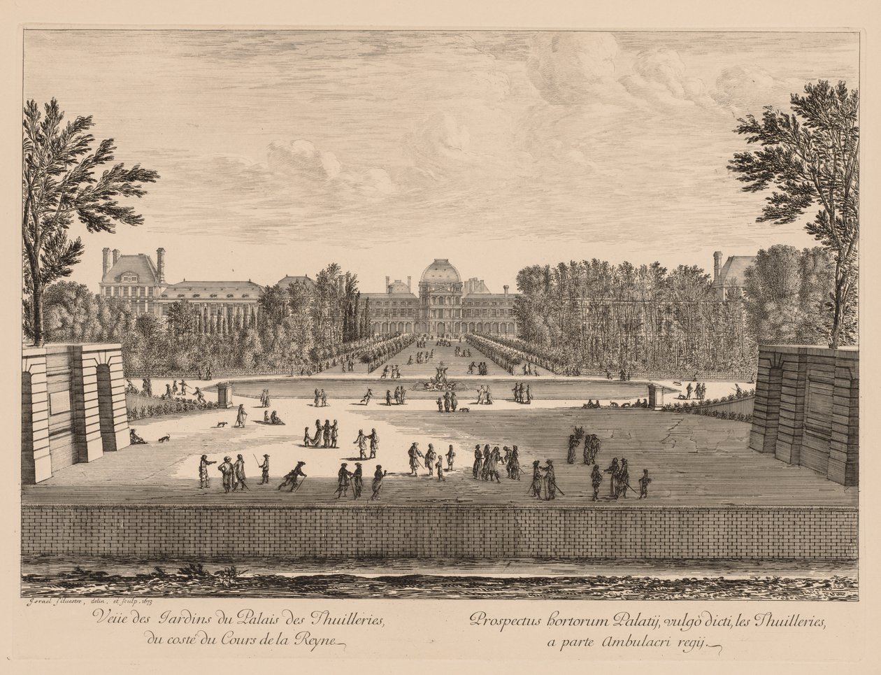 Uitzicht op het paleis en de tuinen van de Tuilerieën, vanaf de kant van de Cours la Reine door Israël Silvestre