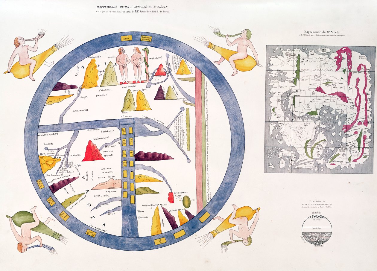Beatus van Turijn mappamundi (handgekleurde gravure) door Italian School